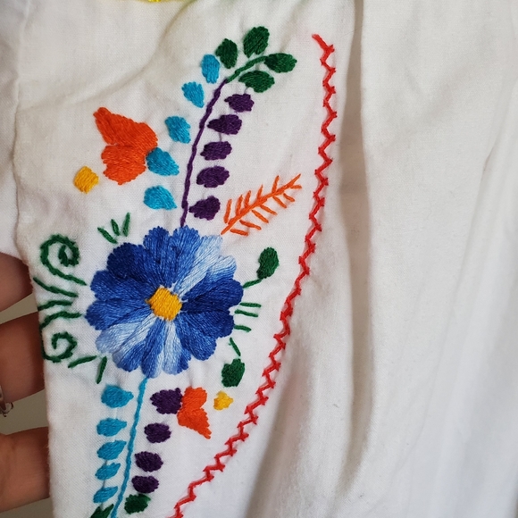 Vintage Mexican Colorful Rainbow Flower Embroider White Cotton Maxi House Dress - Picture 14 of 16